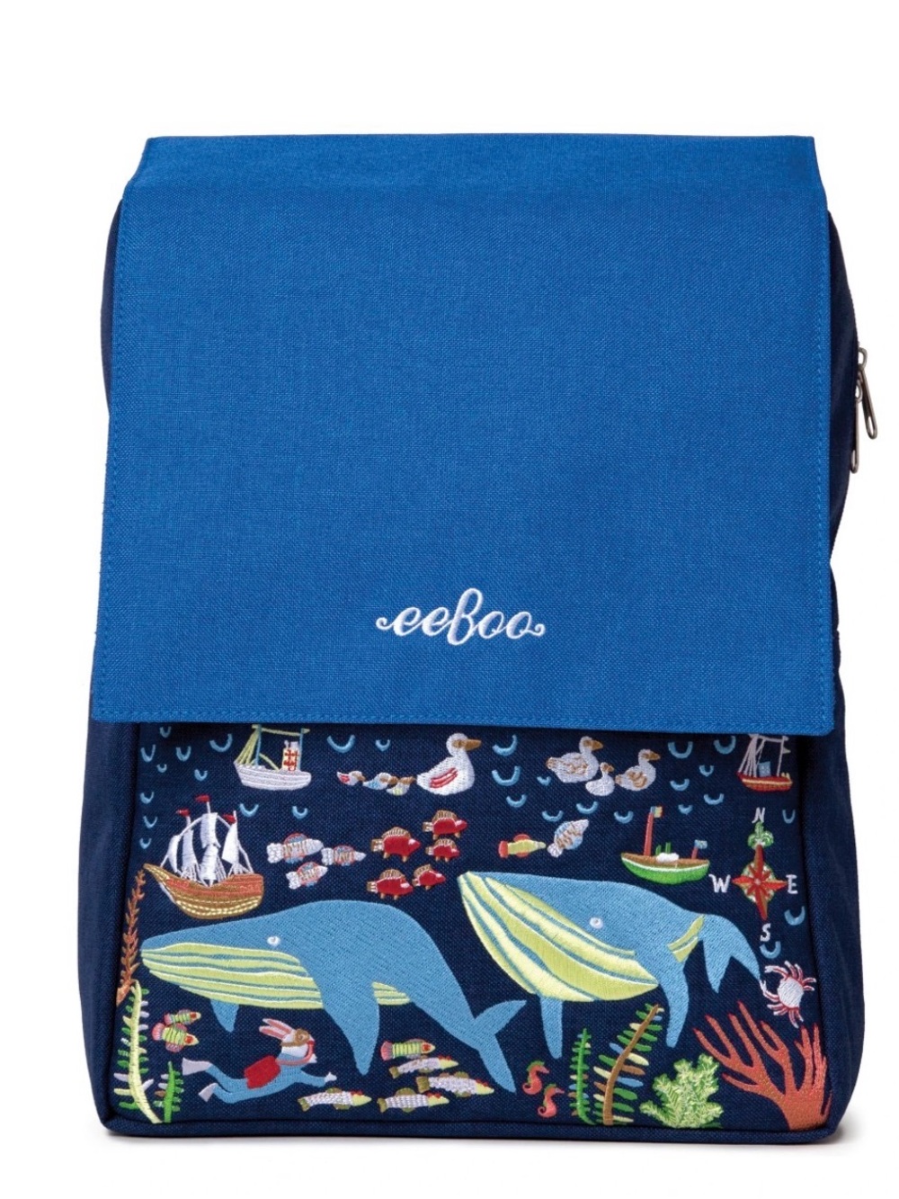 BRAND NEW Eeboo Kids Blue Embroidered Backpack - Happy Whales